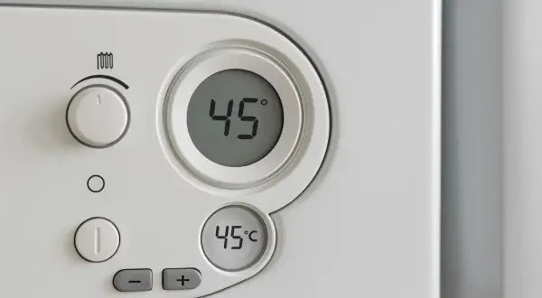 Panel sterowania pieca gazowego. Cyfrowy wyświetlacz pokazuje 45°C. Może to oznaczać za wysoka temperatura na piecu gazowym.