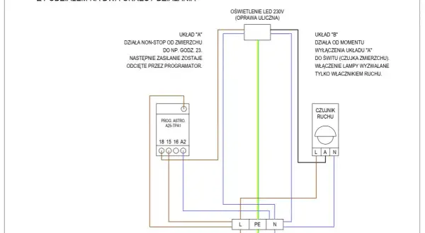 Schemat pokazuje, jak ustawić czujnik ruchu i zmierzchu do sterowania oświetleniem ulicznym LED 230V.