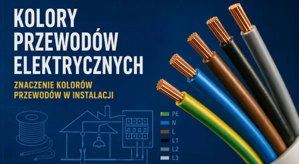 Kolory przewodów elektrycznych: zielono-żółty (PE), niebieski (N), brązowy (L), czarny (L1), szary (L2), biały (L3). Schemat instalacji i zwoje kabli.