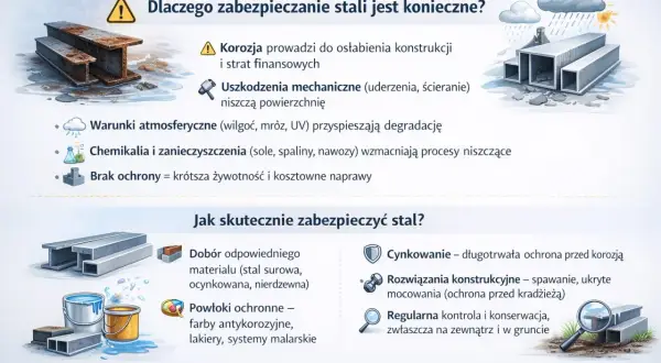 Jak zabezpieczyć piec przed korozją? Ilustracja pokazuje metody ochrony stali: cynkowanie, powłoki ochronne, dobór materiału i kontrola.
