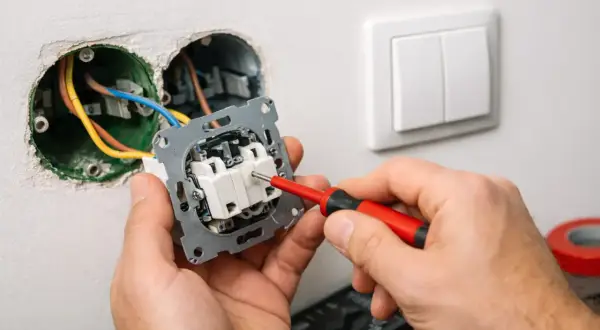 Ręce majsterkowicza podłączają włącznik światła, używając czerwonego śrubokręta. Widać przewody elektryczne i gniazdka w ścianie.