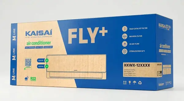 Opakowanie klimatyzatora Kaisai Fly+ z informacją o chłodzeniu i grzaniu. Zastanawiasz się, ile prądu zużywa klimatyzacja 3.5 kW? Ten model oferuje efektywność energetyczną.