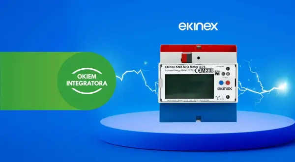 Zielona dioda na liczniku energii Ekinex KNX MID Meter 3/75 sygnalizuje prawidłowe działanie. Urządzenie monitoruje zużycie energii.