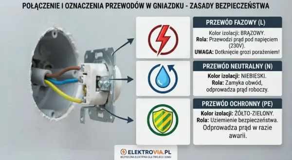 Widok gniazdka elektrycznego z przewodami: brązowym (fazowy), niebieskim (neutralny) i żółto-zielonym (ochronny).