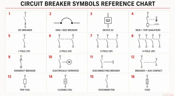 Schemat przedstawia różne symbole wyłączników, w tym łącznik świecznikowy symbol.