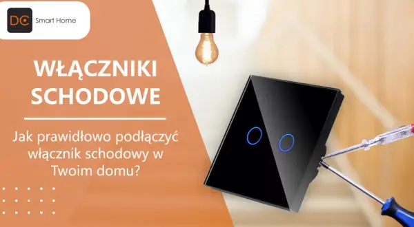 Dowiedz się, jak podłączyć włącznik schodowy dotykowy. Elegancki czarny włącznik z niebieskim podświetleniem i narzędzia do montażu.