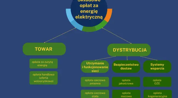 Schemat pokazuje, co ile płaci się prąd: opłaty za towar (energię) i dystrybucję (utrzymanie sieci, bezpieczeństwo, wsparcie).