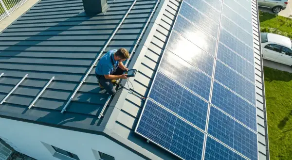 Technik sprawdza instalację, pokazując, jak podłączyć panele fotowoltaiczne na dachu.