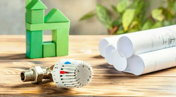 Termostat i zielony domek z klocków symbolizują ogrzewanie ekologiczne rodzaje. Plany domu sugerują projektowanie energooszczędnych rozwiązań.