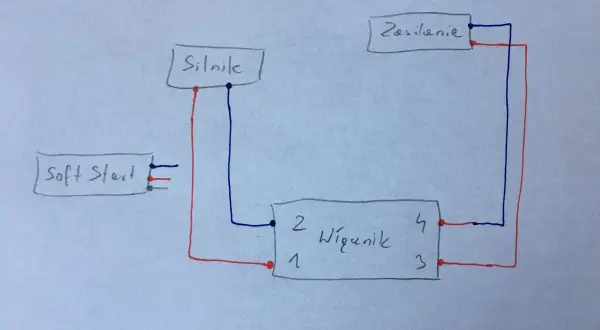 Schemat soft start 230V: zasilanie, silnik i wyłącznik połączone przewodami.