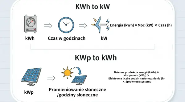 Diagram wyjaśnia, jak obliczyć energię (kWh) z mocy (kW) i czasu, oraz jak oszacować dzienną produkcję energii (kWh) z mocy panelu (kWp) i godzin słonecznych.