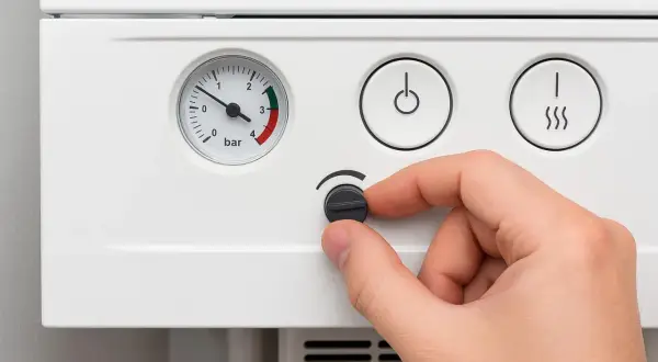 Dłoń reguluje pokrętło, pokazując, jak szybko obniżyć temperaturę na piecu. Widoczny manometr i przyciski.