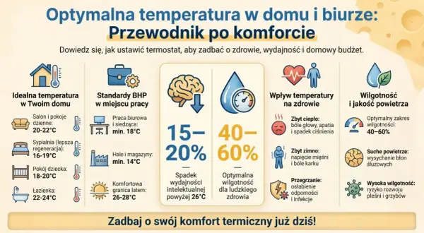Idealna temperatura w domu: salon 20-22°C, sypialnia 16-19°C. Minimalna temperatura w mieszkaniu to 16°C dla lepszej regeneracji.