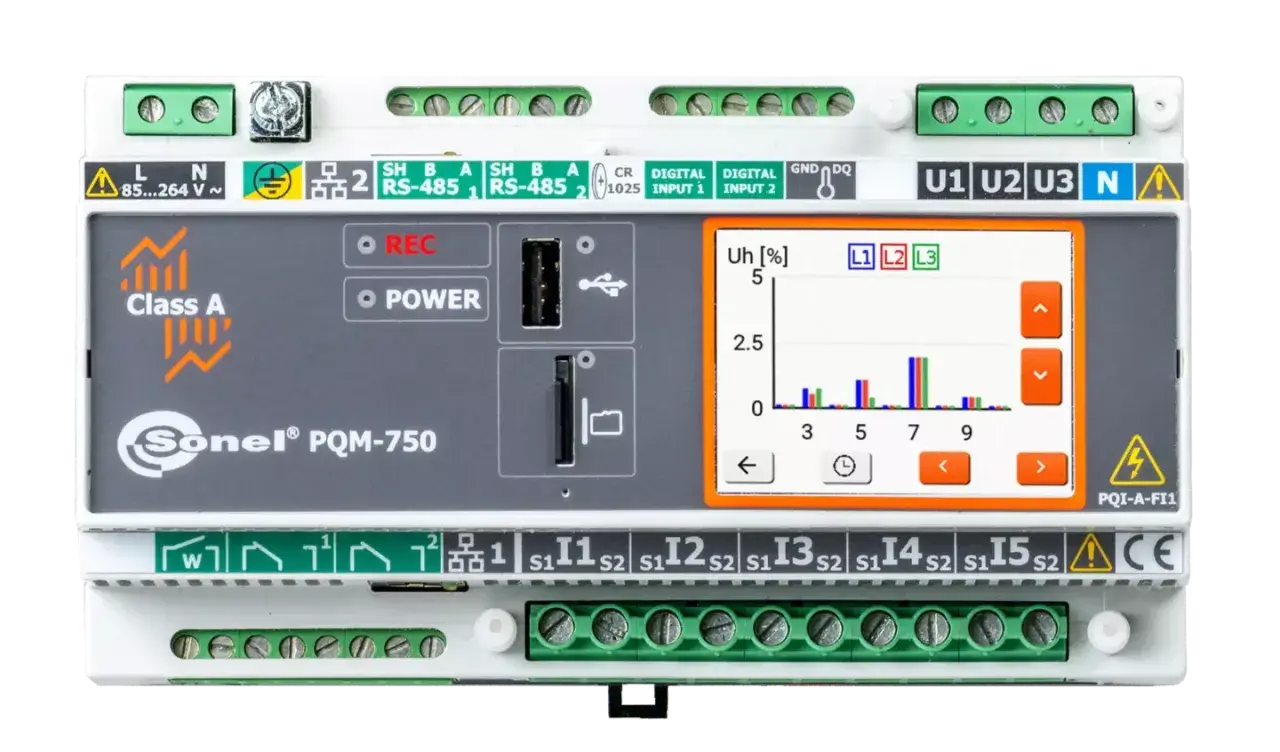 Miernik Sonel PQM-750 z wykresem Uh [%] dla L1, L2, L3. Urządzenie posiada porty USB, slot na kartę SD, wejścia cyfrowe i złącza RS-485.