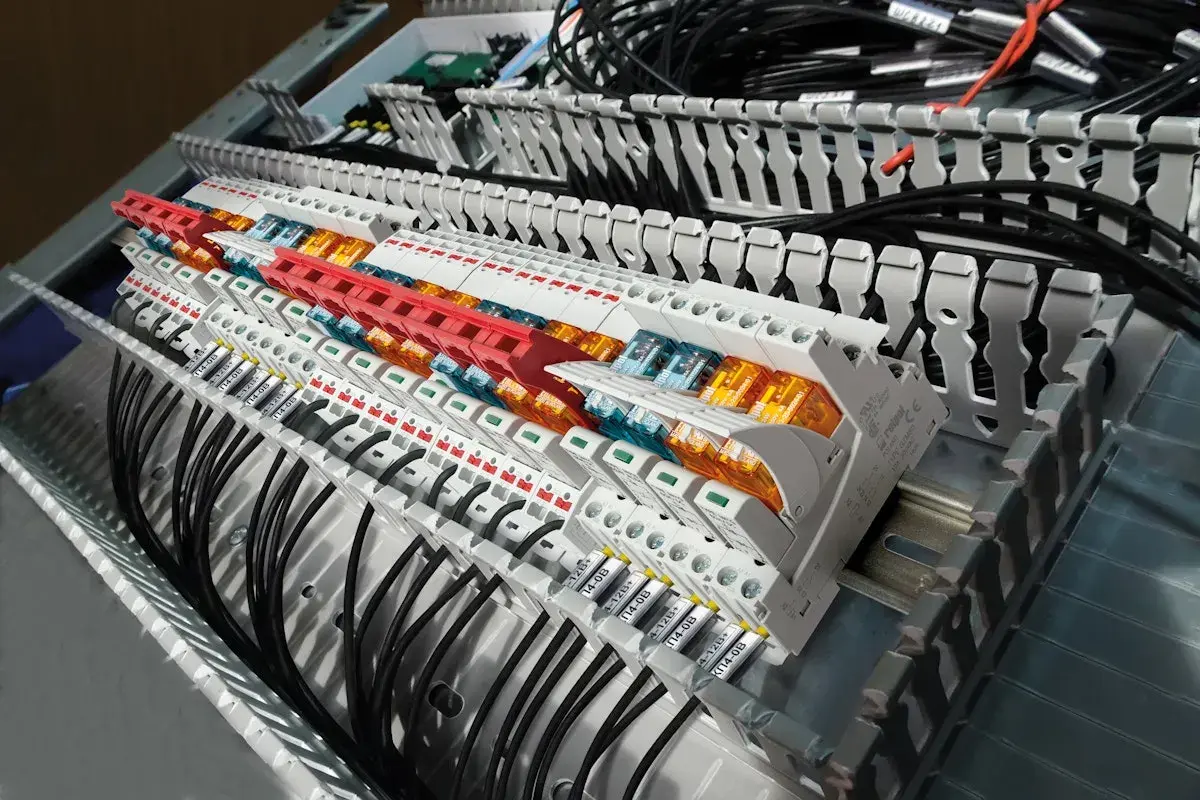 W panelu sterowania widać rzędy modułów, gdzie stycznik i przekaźnik współpracują, tworząc skomplikowaną sieć połączeń elektrycznych.