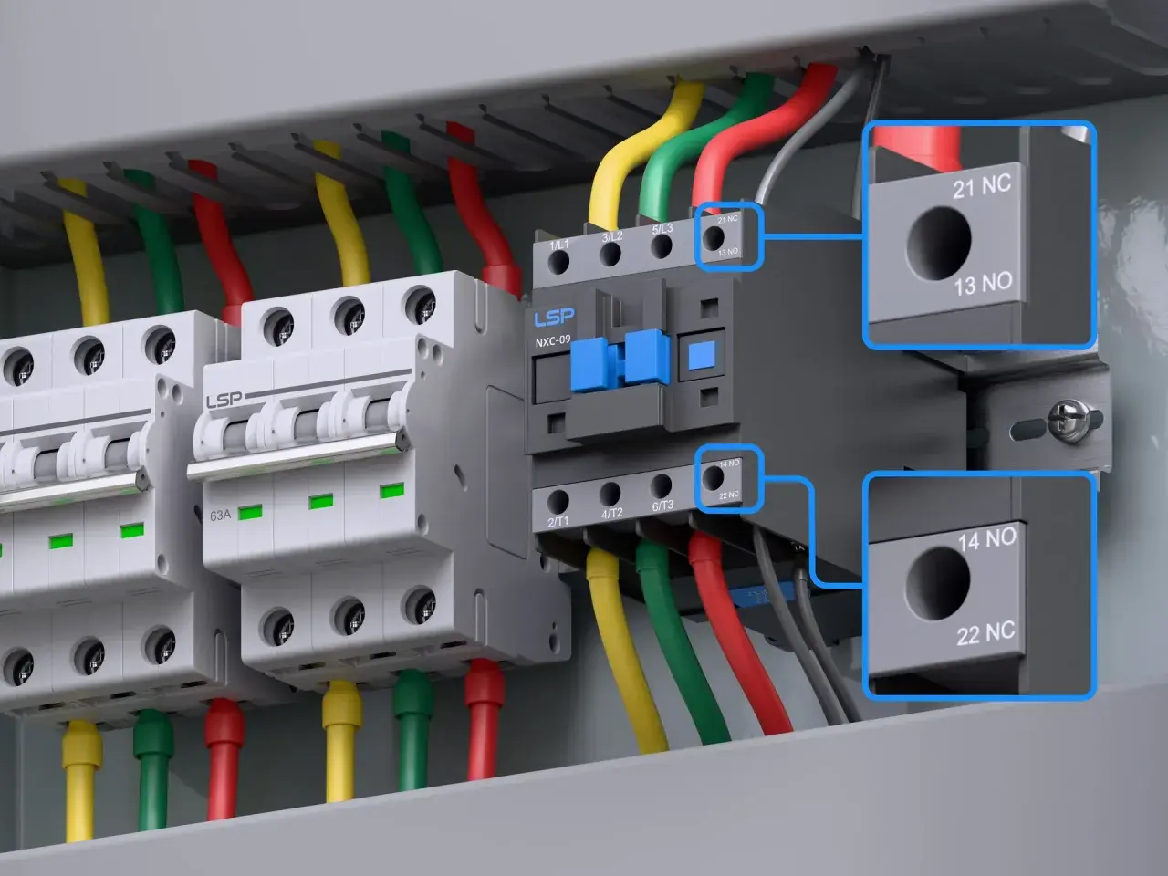 Stycznik no nc jak działa? Widok instalacji elektrycznej z wyłącznikami i stycznikiem LSP NXC-09. Zbliżenia pokazują styki 21 NC i 13 NO, a także 14 NO i 22 NC.