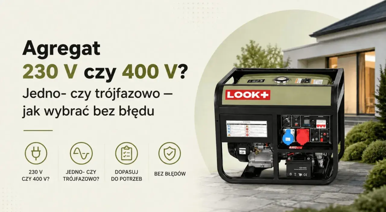 Agregat prądotwórczy LOOK+ obok domu. Poradnik: 230 V czy 400 V? Jednofazowo czy trójfazowo? Wybierz właściwe napięcie międzyfazowe.