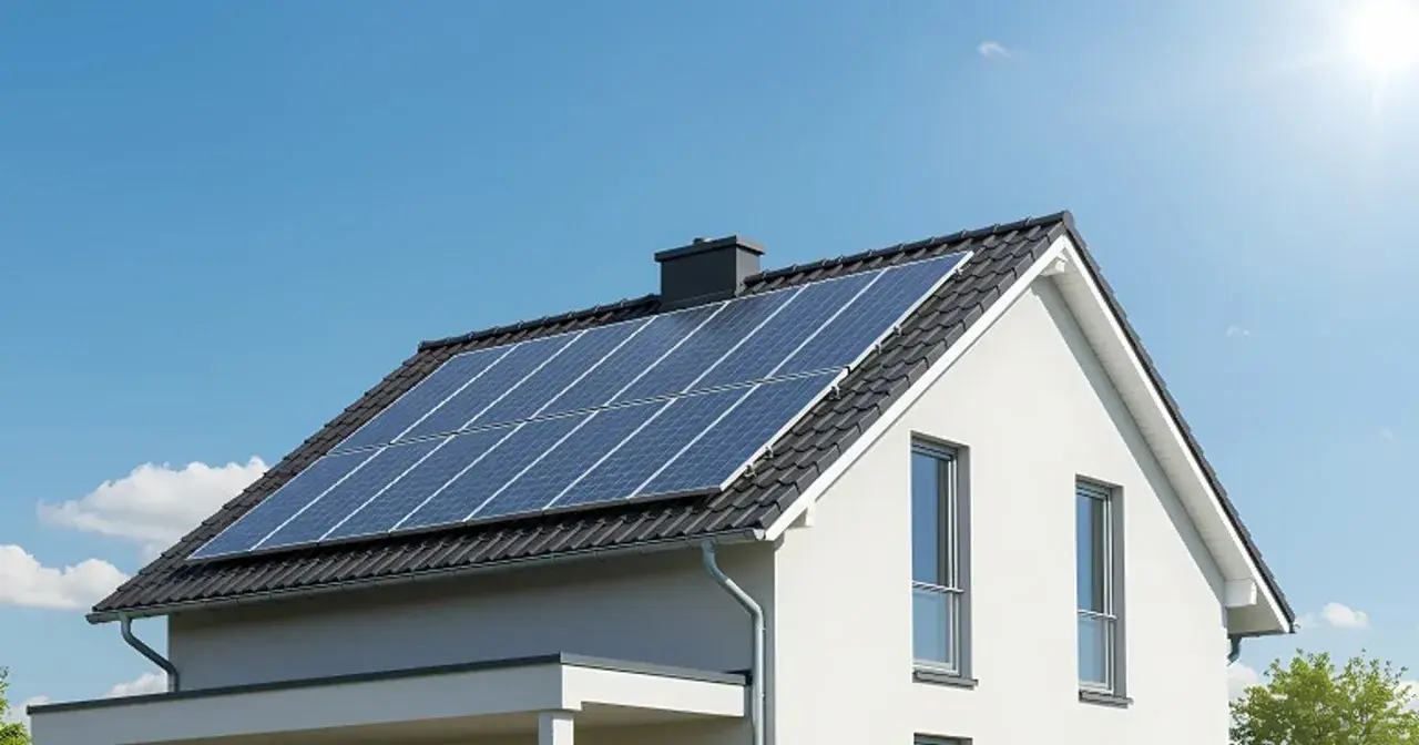 Nowoczesny dom z panelami fotowoltaicznymi na dachu, symbolizującymi długowieczną żywotność paneli fotowoltaicznych i ekologiczne pozyskiwanie energii.