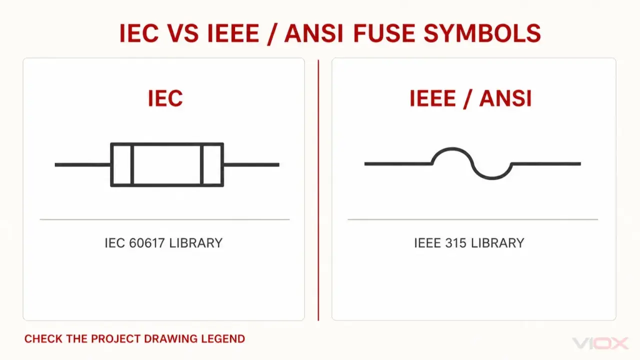 Porównanie symboli bezpiecznik: IEC (prostokąt z liniami) i IEEE/ANSI (łuk).