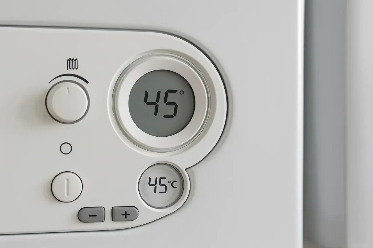 Panel sterowania pieca gazowego. Cyfrowy wyświetlacz pokazuje 45°C. Może to oznaczać za wysoka temperatura na piecu gazowym.