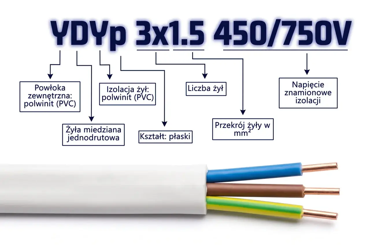 Przewód YDYp 3x1.5 450/750V: płaski, z miedzianymi żyłami jednodrutowymi, izolacją i powłoką PVC.