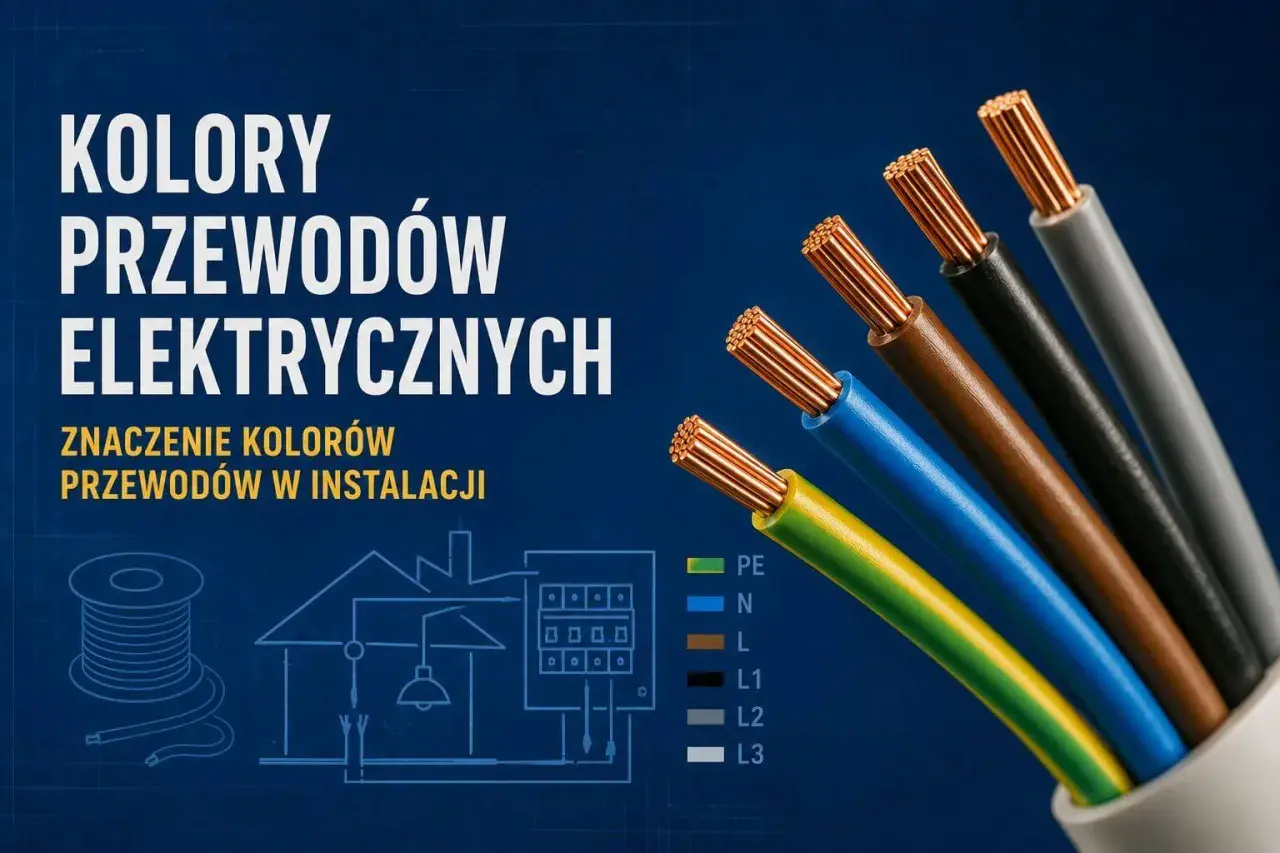 Kolory przewodów elektrycznych: zielono-żółty (PE), niebieski (N), brązowy (L), czarny (L1), szary (L2), biały (L3). Schemat instalacji i zwoje kabli.