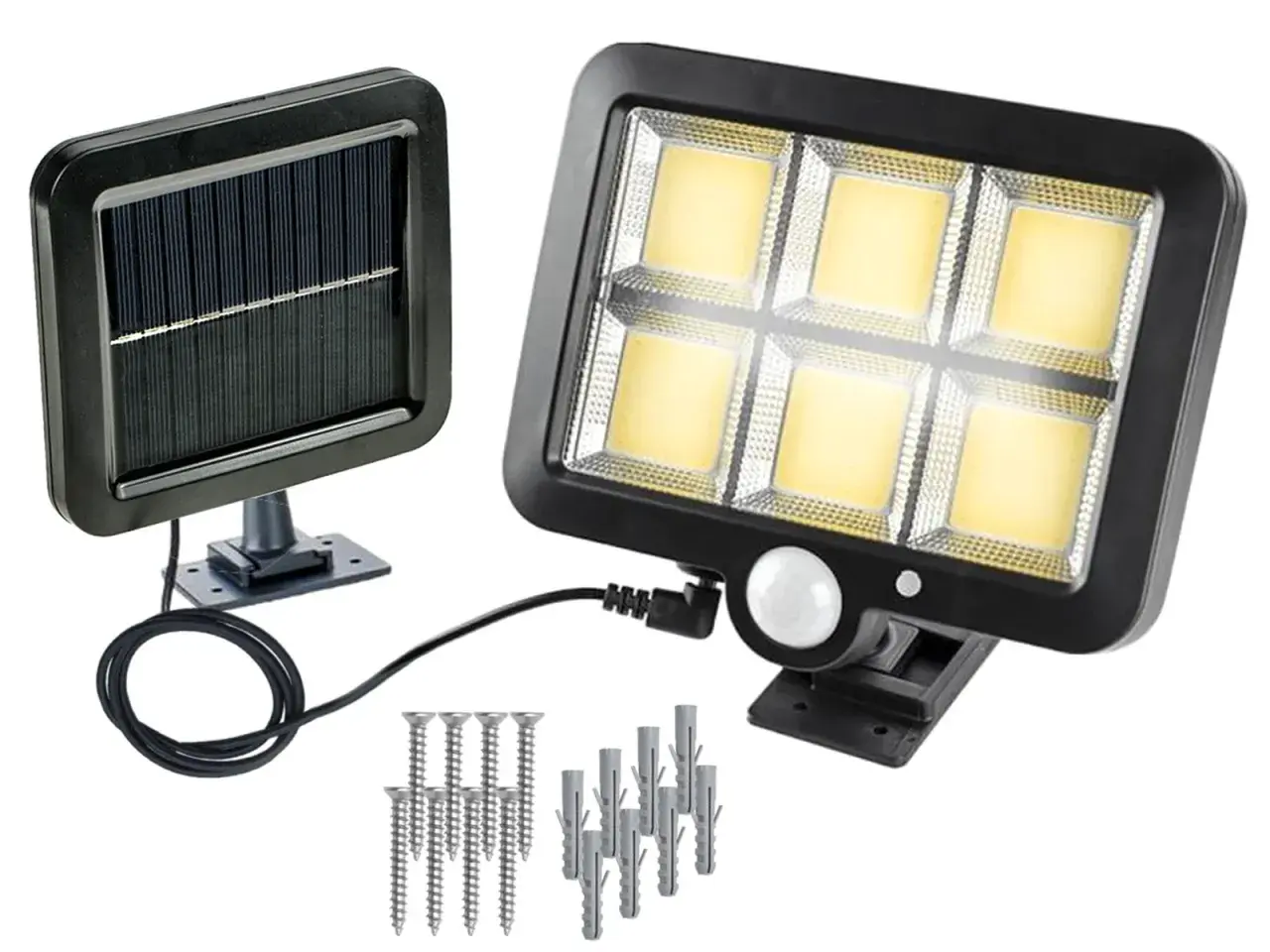 Zestaw do montażu lampy LED z czujnikiem ruchu: panel solarny, lampa z czujnikiem i śruby. Idealne, by dowiedzieć się, jak ustawić lampę led z czujnikiem ruchu.