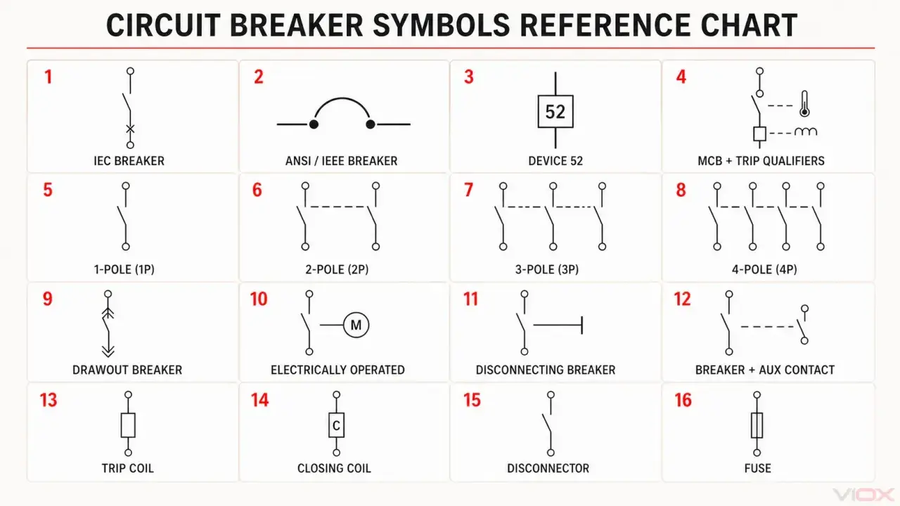 Schemat przedstawia różne symbole wyłączników, w tym łącznik świecznikowy symbol.