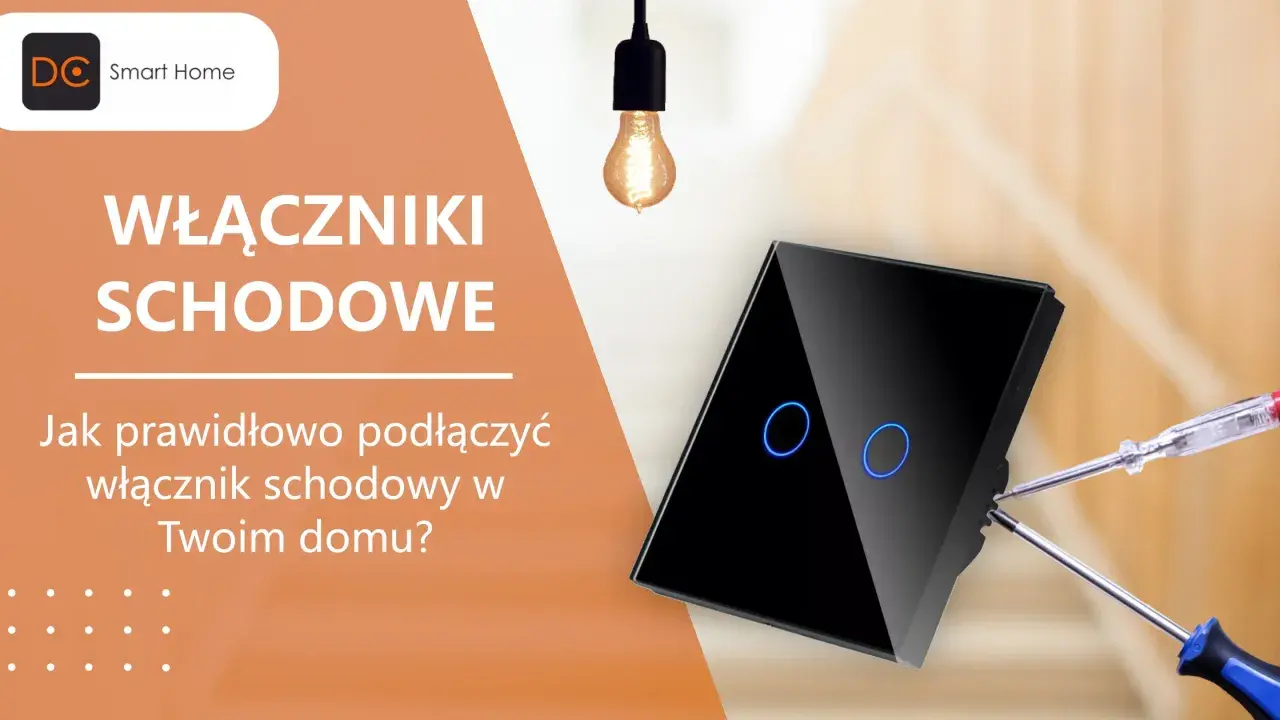 Dowiedz się, jak podłączyć włącznik schodowy dotykowy. Elegancki czarny włącznik z niebieskim podświetleniem i narzędzia do montażu.
