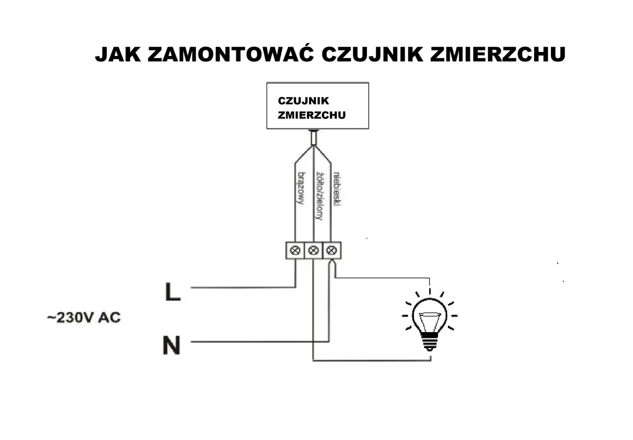 Schemat pokazuje, jak podłączyć czujnik zmierzchu do lampy. Podłącz przewód fazowy (L) i neutralny (N) do odpowiednich zacisków czujnika, a następnie do lampy.