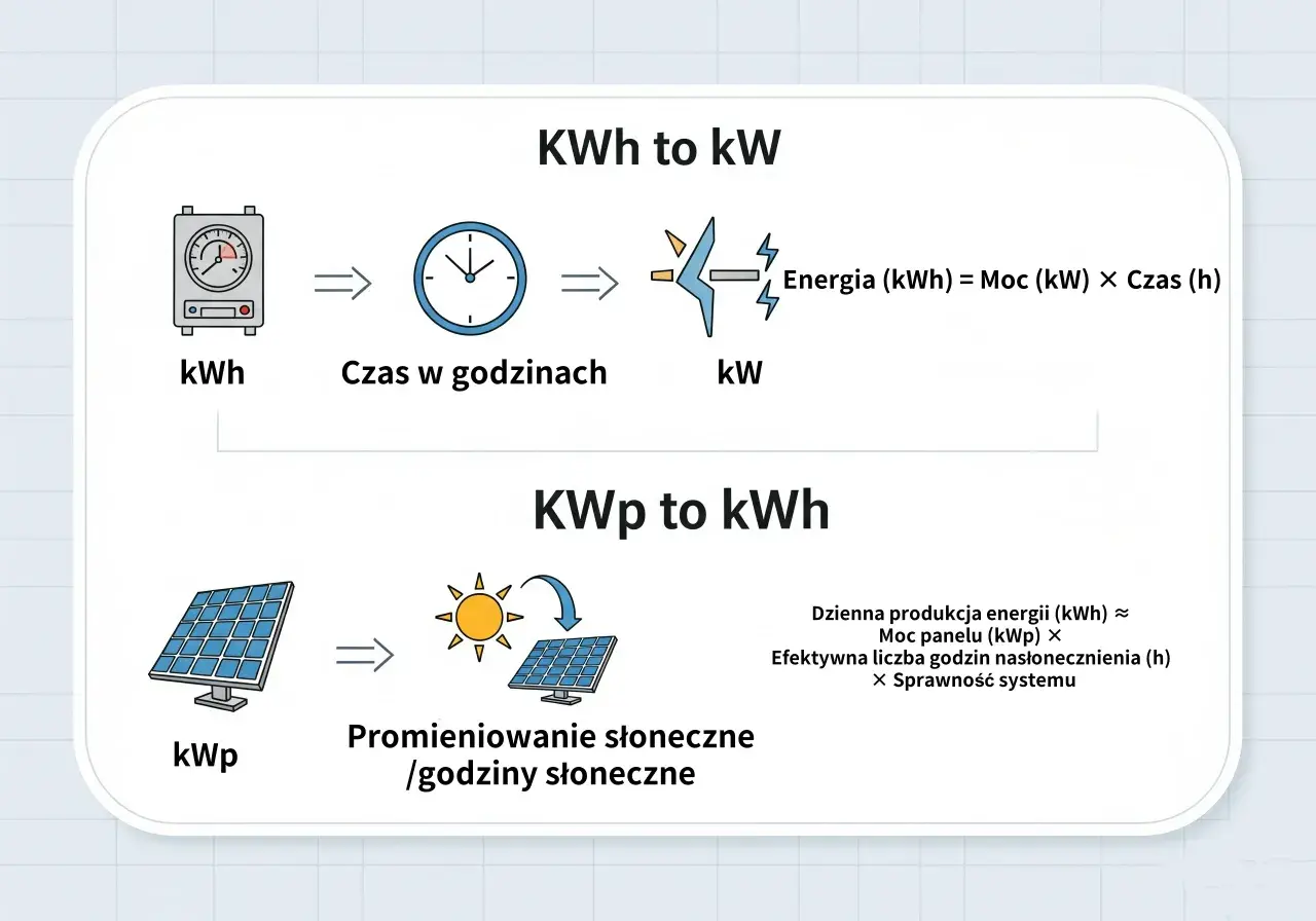 Diagram wyjaśnia, jak obliczyć energię (kWh) z mocy (kW) i czasu, oraz jak oszacować dzienną produkcję energii (kWh) z mocy panelu (kWp) i godzin słonecznych.