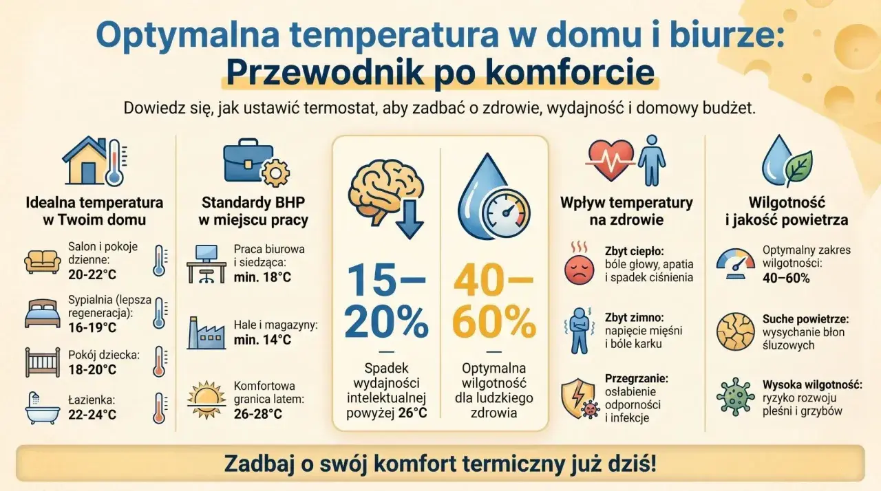 Idealna temperatura w domu: salon 20-22°C, sypialnia 16-19°C. Minimalna temperatura w mieszkaniu to 16°C dla lepszej regeneracji.