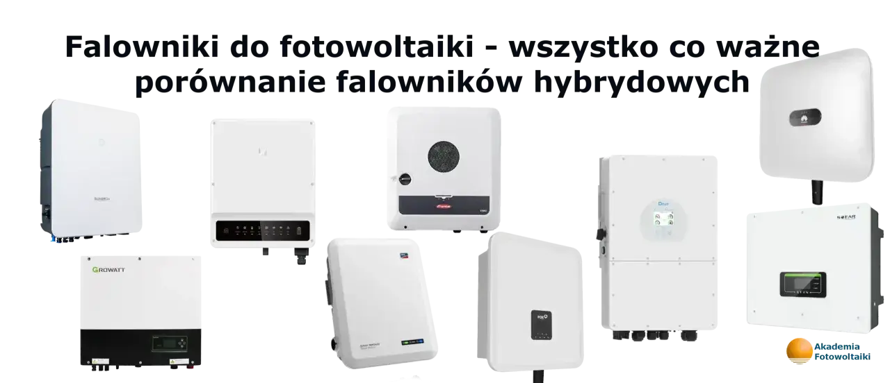 Różne rodzaje falowników fotowoltaicznych, w tym hybrydowe, prezentowane obok siebie.