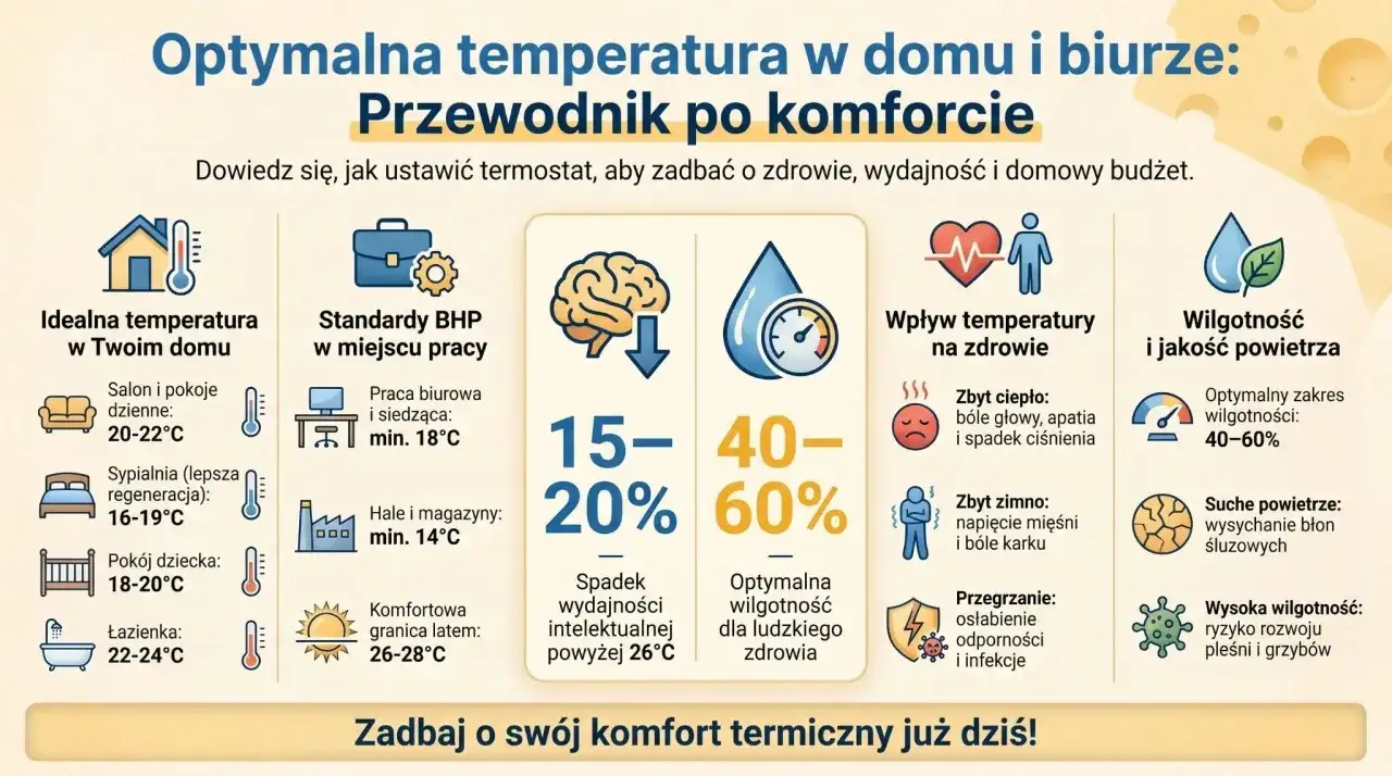 Idealna temperatura w domu: salon 20-22°C, sypialnia 16-19°C. Minimalna temperatura w mieszkaniu to 16°C dla lepszej regeneracji.