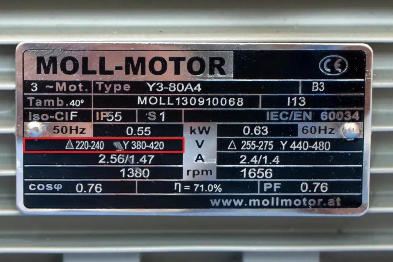 Tabliczka znamionowa silnika MOLL-MOTOR. Kluczowe dane doboru falownika: napięcia 220-240V (tr&oacute;jkąt) i 380-420V (gwiazda).