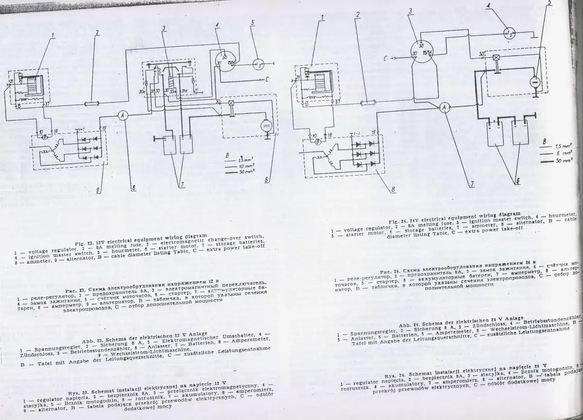 Schemat instalacji elektrycznej 12V/24V: regulator, bezpiecznik, przełącznik, stacyjka, licznik motogodzin, rozrusznik, akumulatory, amperomierz, alternator.