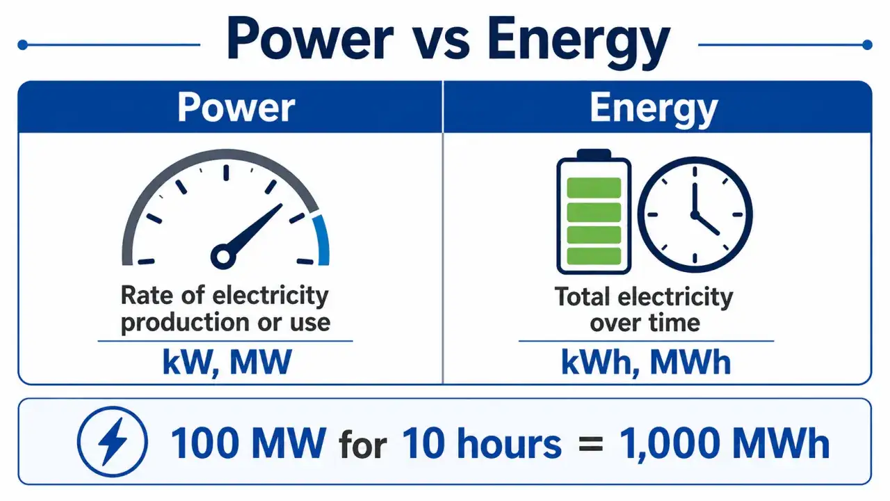 Porównanie mocy (kW, MW) i energii (kWh, MWh). 100 MW przez 10 godzin to 1000 MWh.