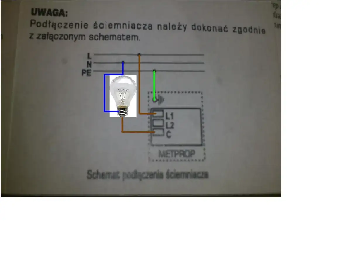 Schemat podłączenia ściemniacza oświetlenia pokazuje, jak połączyć żarówkę z urządzeniem METPROP, wykorzystując przewody L, N i PE.