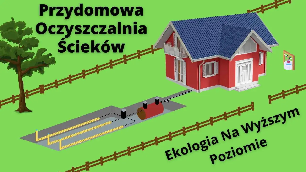 Ilustracja pokazuje, jak działa przydomowa oczyszczalnia ściek&oacute;w: od domu do zbiornika i drenażu. Ekologia na wyższym poziomie.