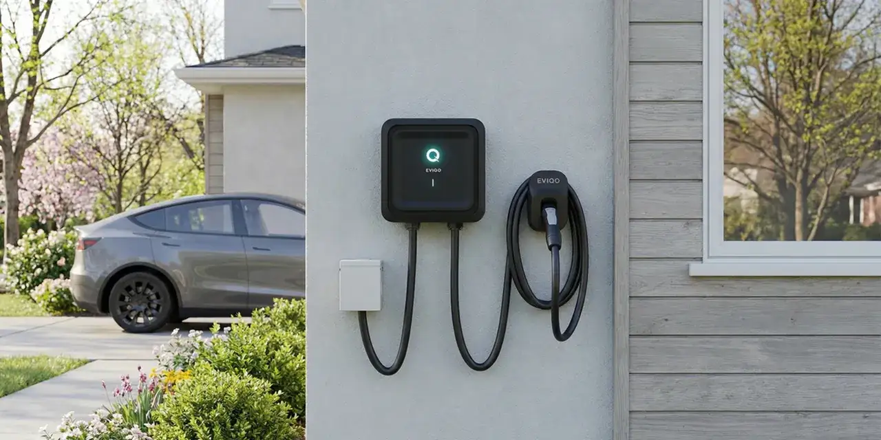 Domowy punkt ładowania samochodu elektrycznego. Czas ładowania w domu jest wygodny, gdy auto stoi na podjeździe.