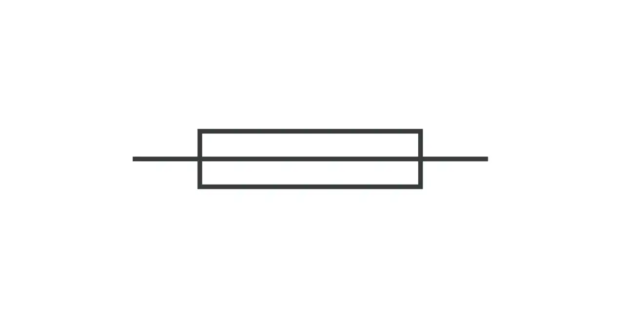 Prosty symbol bezpiecznika elektrycznego, prostokąt z liniami po bokach.