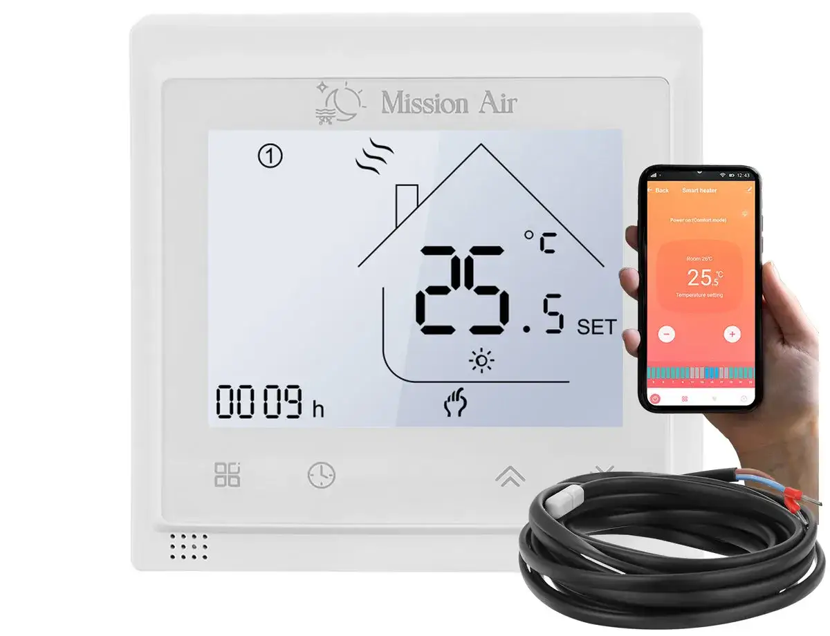 Termostat Mission Air pokazuje 25.5&deg;C, a aplikacja na telefonie potwierdza idealną temperaturę w sypialni.
