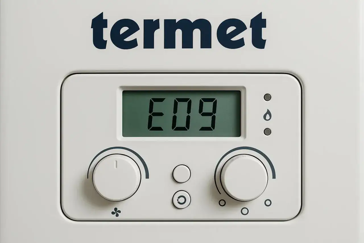 Termet E09: za wysoka temperatura na piecu gazowym. Wskaźnik błędu na wyświetlaczu.