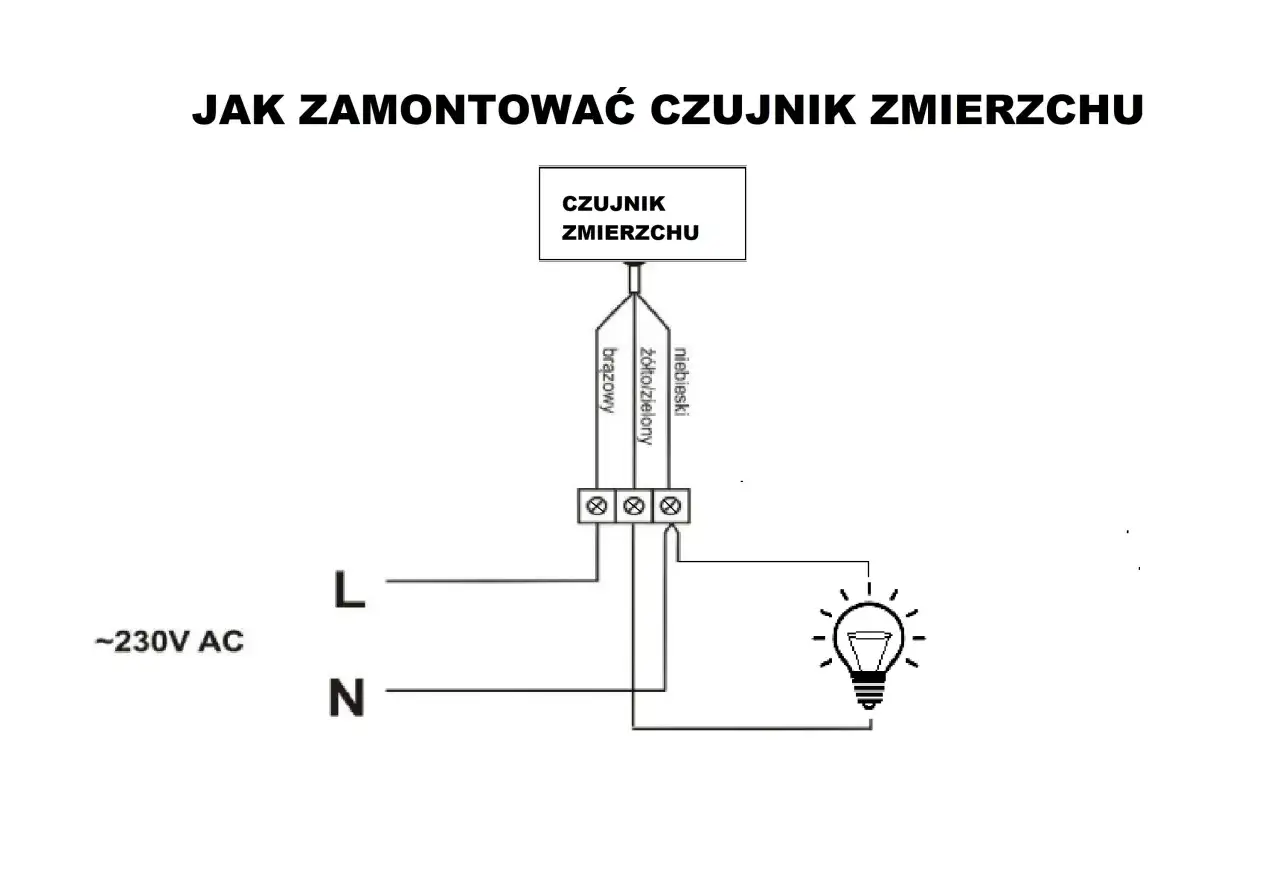 Schemat pokazuje, jak podłączyć czujnik zmierzchu do lampy. Brązowy przewód czujnika podłączamy do fazy (L), niebieski do zera (N), a żółto-zielony do lampy.