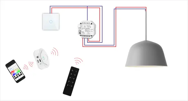 Schemat jak podłączyć ściemniacz oświetlenia: włącznik, moduł ściemniacza, pilot i smartfon sterują lampą.
