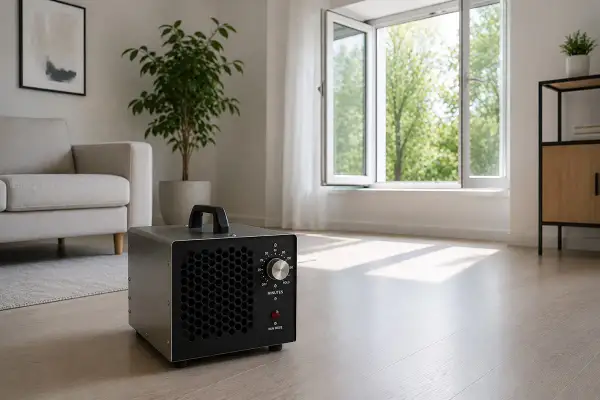 Ozonator w salonie, gotowy do pracy. Służy do oczyszczania powietrza z nieprzyjemnych zapachów i drobnoustrojów.