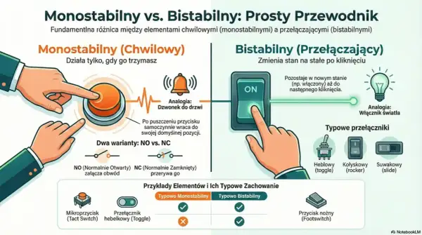 Ilustracja porównuje przycisk monostabilny (chwilowy, jak dzwonek) z bistabilnym (przełączający, jak włącznik światła), pokazując ich działanie i przykłady.