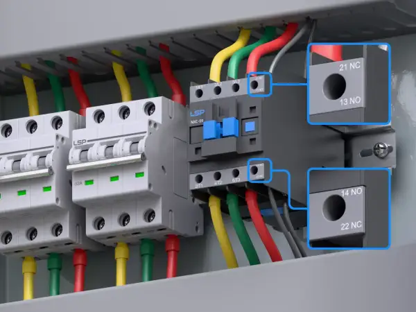 Stycznik no nc jak działa? Widok instalacji elektrycznej z wyłącznikami i stycznikiem LSP NXC-09. Zbliżenia pokazują styki 21 NC i 13 NO, a także 14 NO i 22 NC.