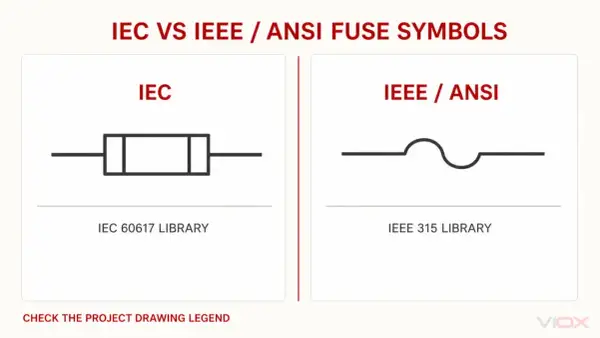 Porównanie symboli bezpiecznik: IEC (prostokąt z liniami) i IEEE/ANSI (łuk).