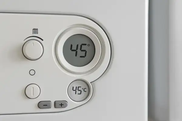 Panel sterowania pieca gazowego. Cyfrowy wyświetlacz pokazuje 45°C. Może to oznaczać za wysoka temperatura na piecu gazowym.